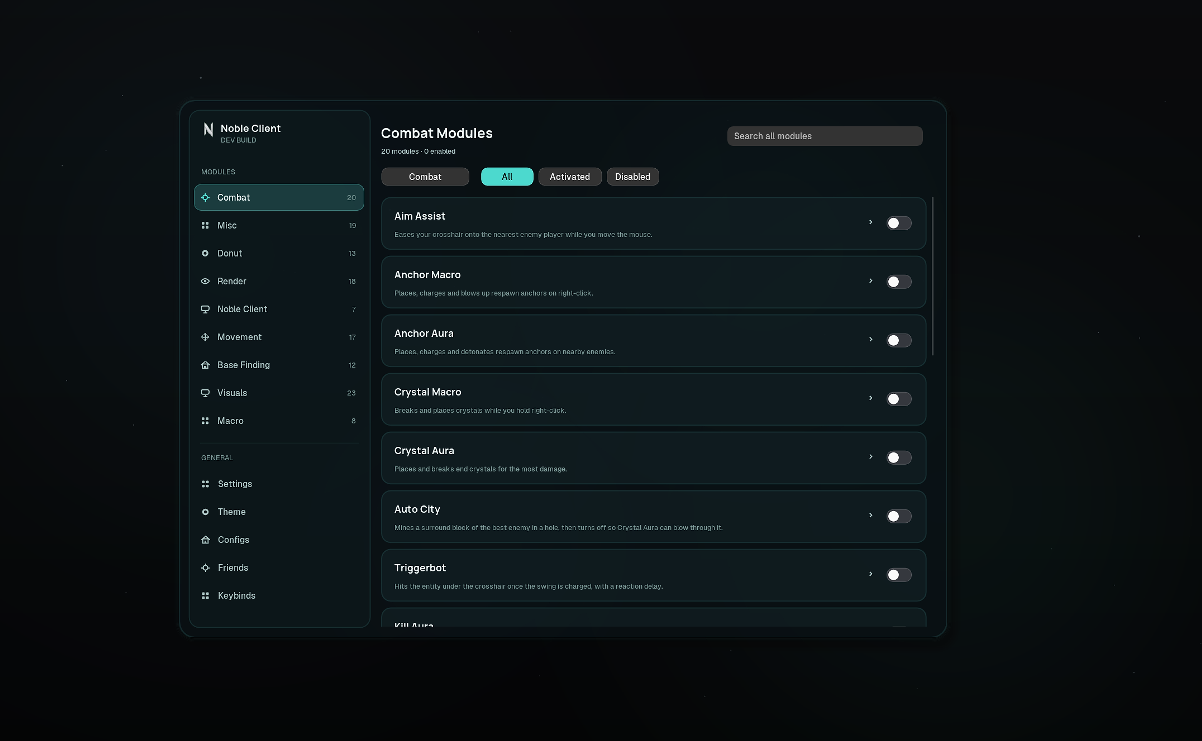 Current Noble Client classic interface showing the Combat category on a dark teal background